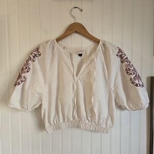 Universal Thread Embroidered Puff Sleeve Crop Top — White with Burgundy Accents
